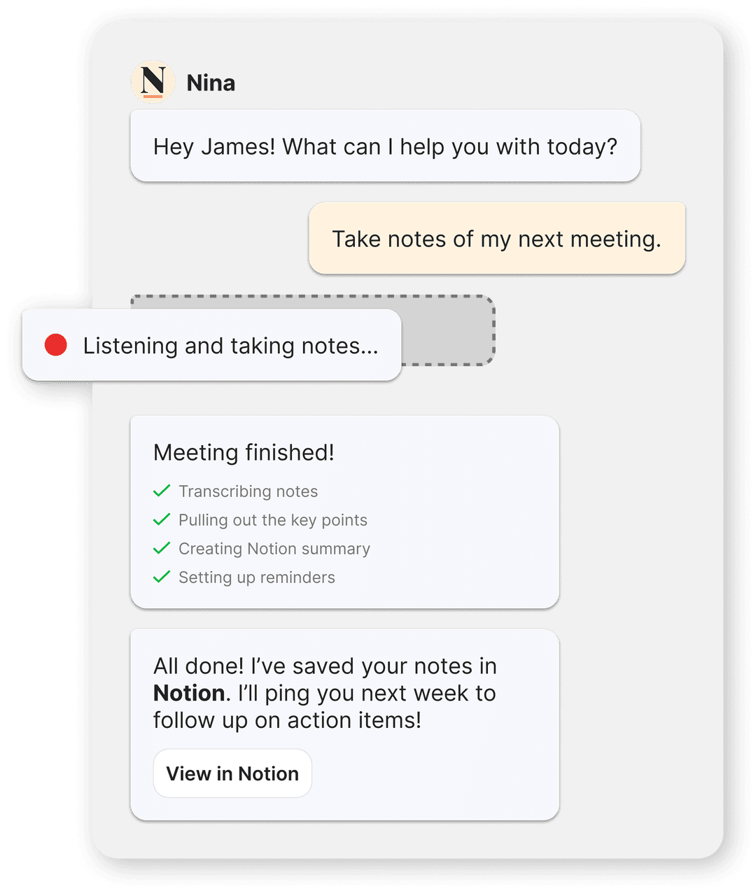 Nina taking meeting notes and creating summaries